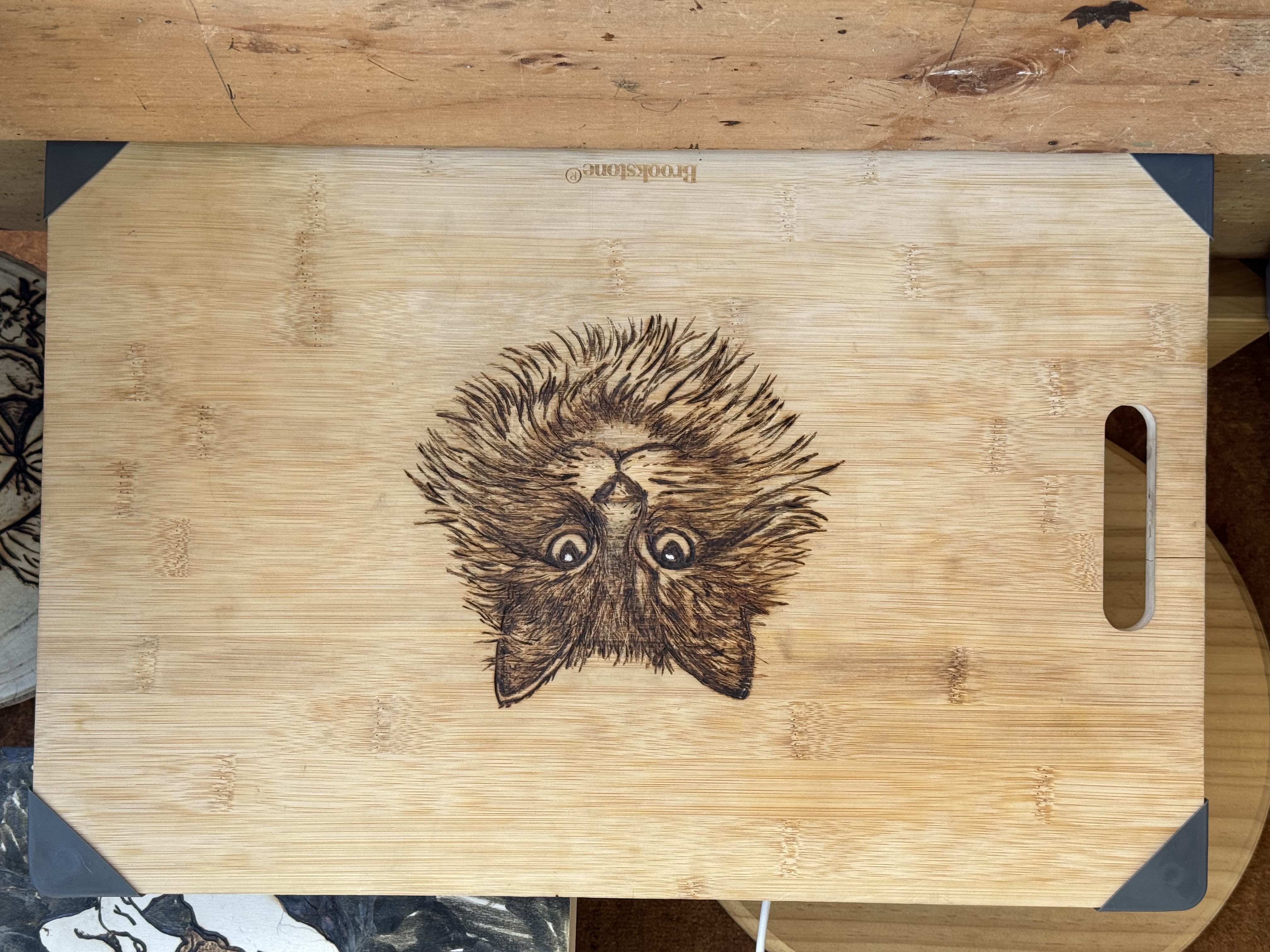 Momma Cat cutting board woodburning, front